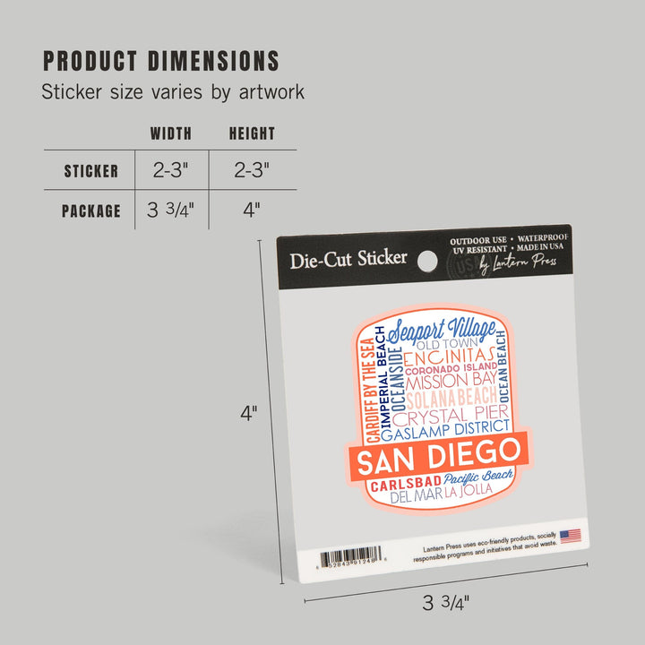San Diego, California, Typography, Contour, Lantern Press Artwork, Vinyl Sticker Sticker Lantern Press