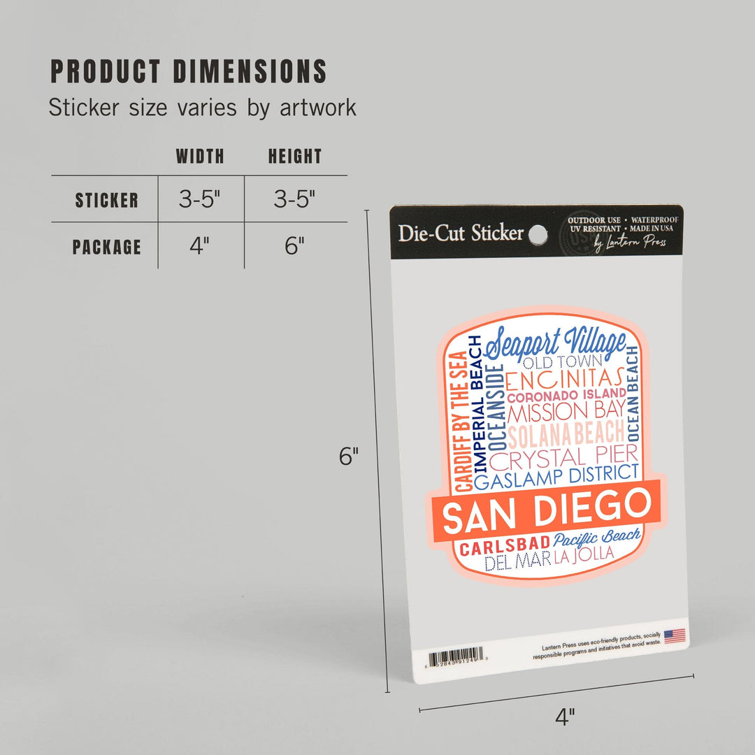 San Diego, California, Typography, Contour, Lantern Press Artwork, Vinyl Sticker Sticker Lantern Press