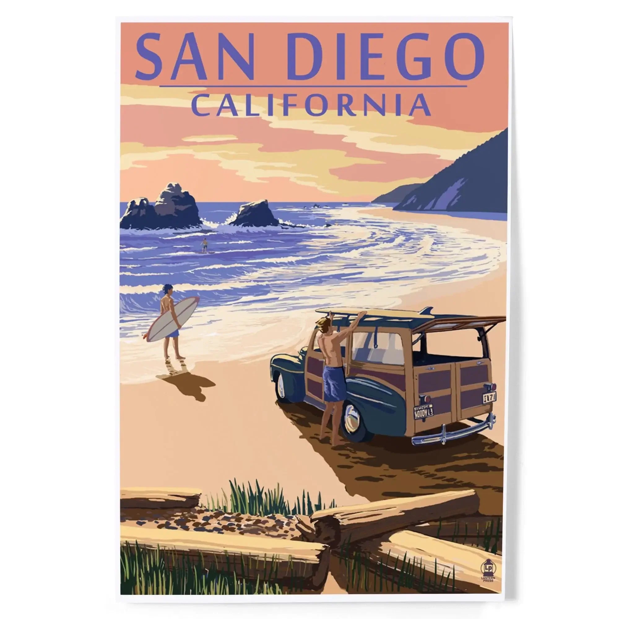 San Diego, California, Woody on Beach art prints, metal signs