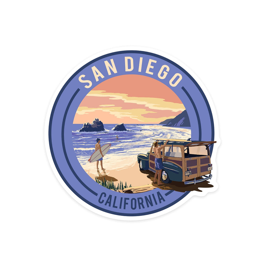 San Diego, California, Woody on Beach, Contour, Lantern Press Artwork, Vinyl Sticker Sticker Lantern Press