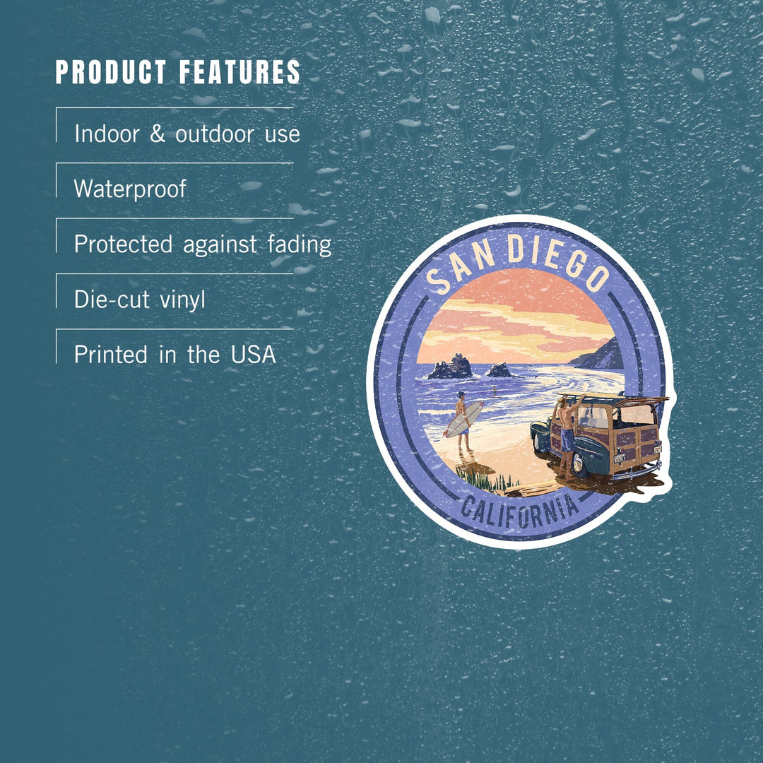 San Diego, California, Woody on Beach, Contour, Lantern Press Artwork, Vinyl Sticker Sticker Lantern Press