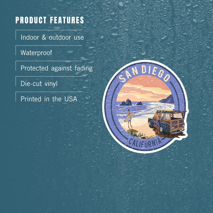 San Diego, California, Woody on Beach, Contour, Lantern Press Artwork, Vinyl Sticker Sticker Lantern Press