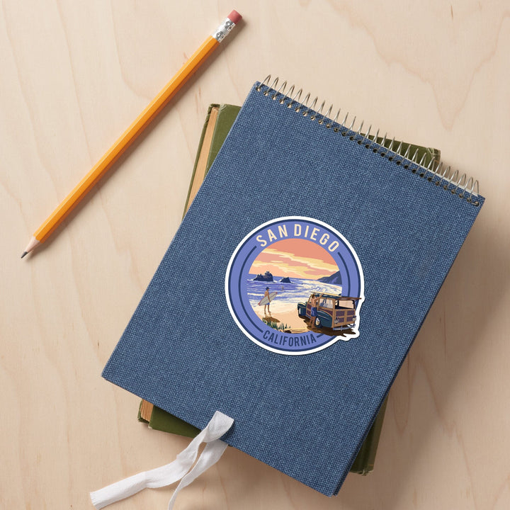 San Diego, California, Woody on Beach, Contour, Lantern Press Artwork, Vinyl Sticker Sticker Lantern Press