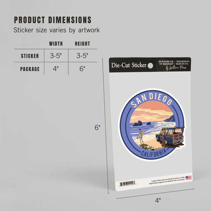 San Diego, California, Woody on Beach, Contour, Lantern Press Artwork, Vinyl Sticker Sticker Lantern Press
