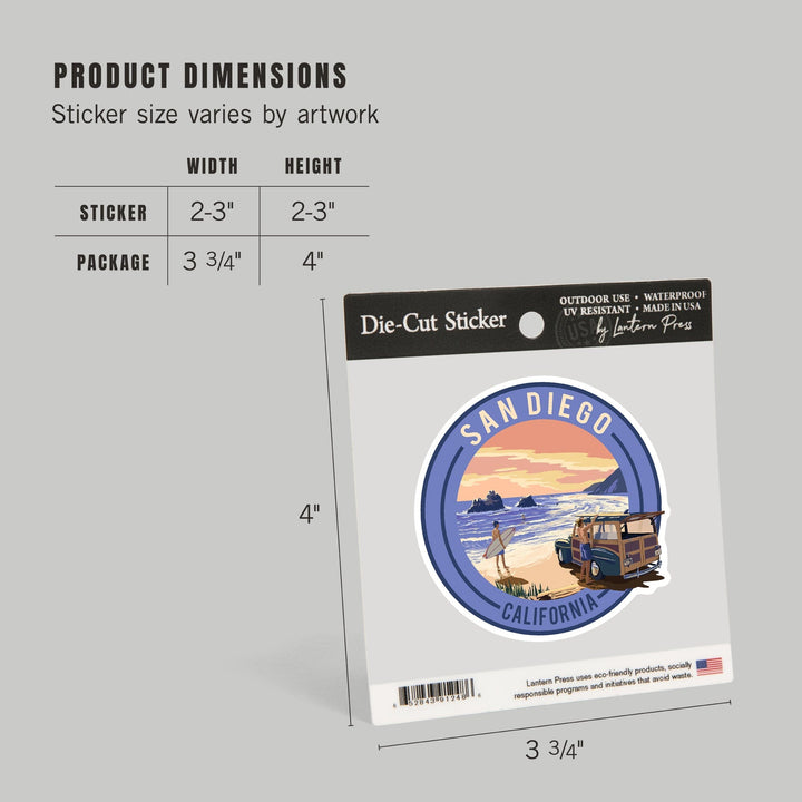 San Diego, California, Woody on Beach, Contour, Lantern Press Artwork, Vinyl Sticker Sticker Lantern Press