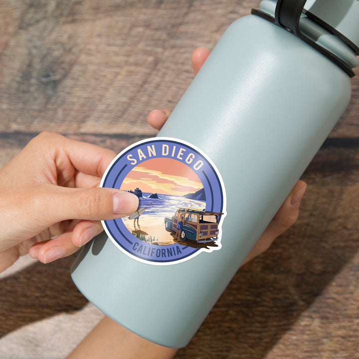 San Diego, California, Woody on Beach, Contour, Lantern Press Artwork, Vinyl Sticker Sticker Lantern Press