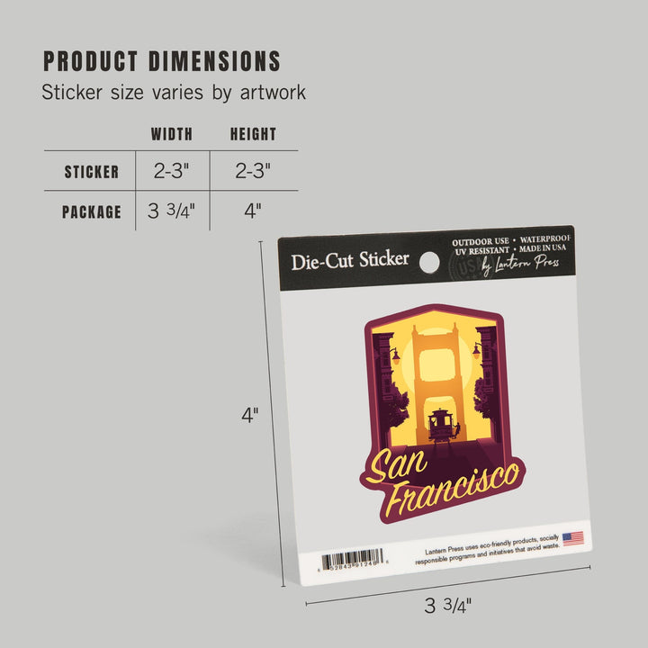 San Francisco, California, Cable Car & Bridge at Sunset, Contour, Lantern Press Artwork, Vinyl Sticker Sticker Lantern Press