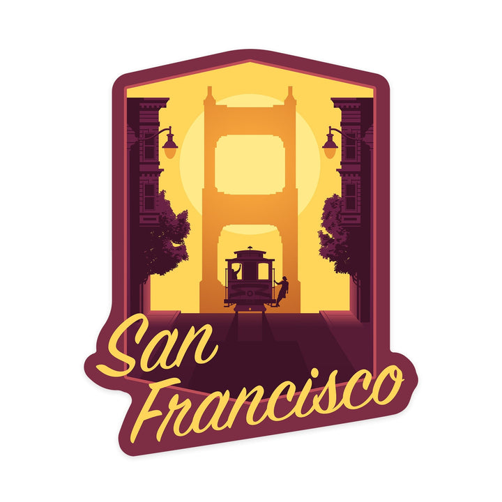 San Francisco, California, Cable Car & Bridge at Sunset, Contour, Lantern Press Artwork, Vinyl Sticker Sticker Lantern Press