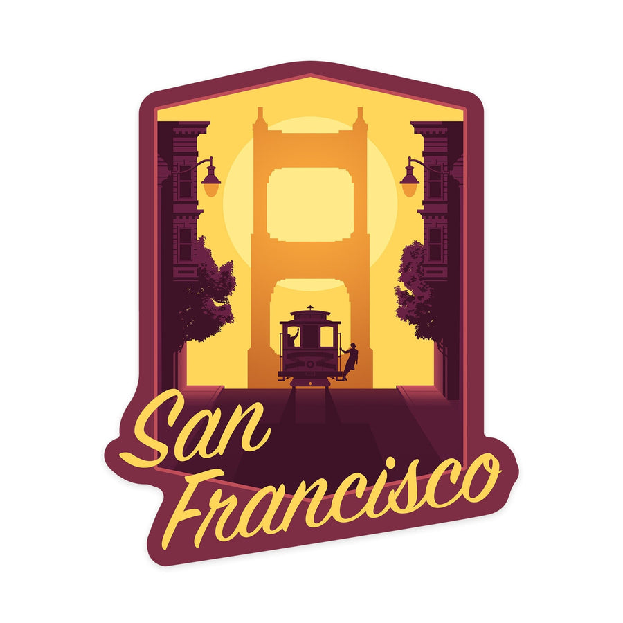 San Francisco, California, Cable Car & Bridge at Sunset, Contour, Lantern Press Artwork, Vinyl Sticker Sticker Lantern Press