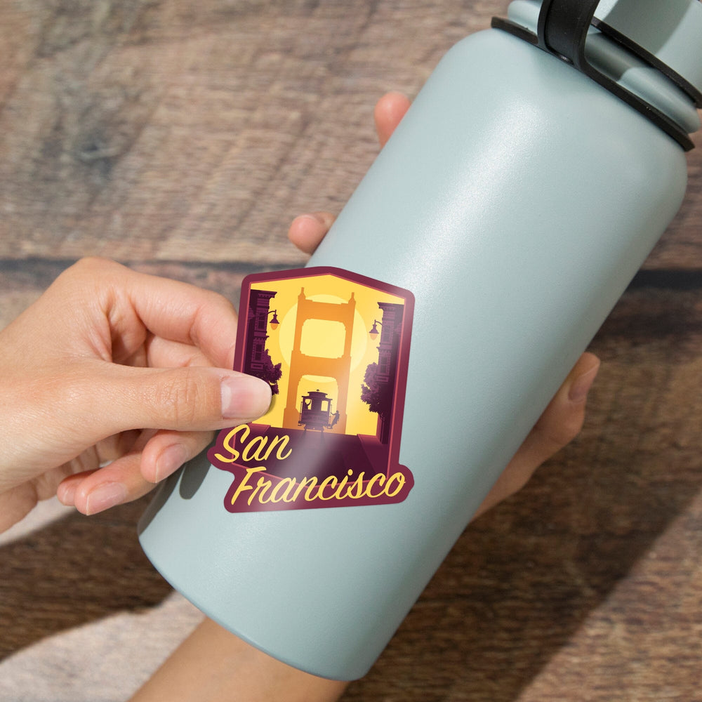 San Francisco, California, Cable Car & Bridge at Sunset, Contour, Lantern Press Artwork, Vinyl Sticker Sticker Lantern Press