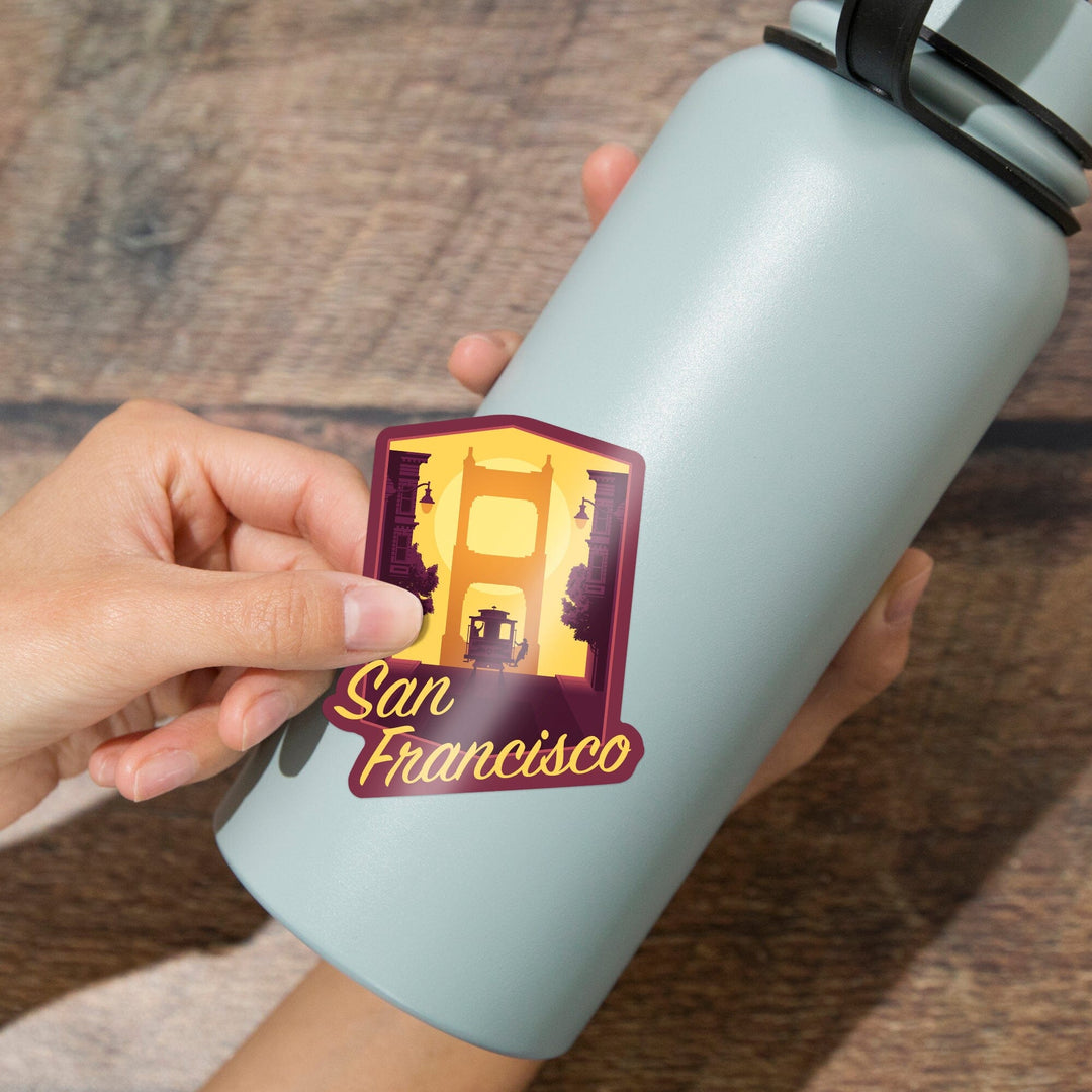 San Francisco, California, Cable Car & Bridge at Sunset, Contour, Lantern Press Artwork, Vinyl Sticker Sticker Lantern Press