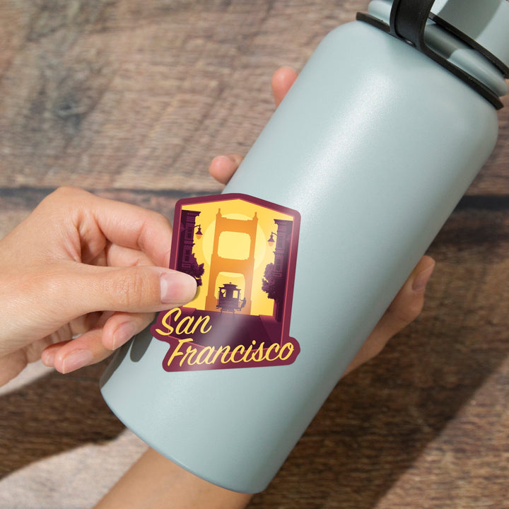 San Francisco, California, Cable Car & Bridge at Sunset, Contour, Lantern Press Artwork, Vinyl Sticker Sticker Lantern Press