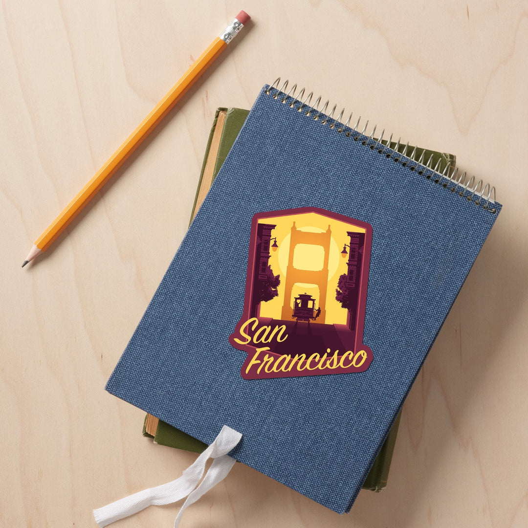 San Francisco, California, Cable Car & Bridge at Sunset, Contour, Lantern Press Artwork, Vinyl Sticker Sticker Lantern Press