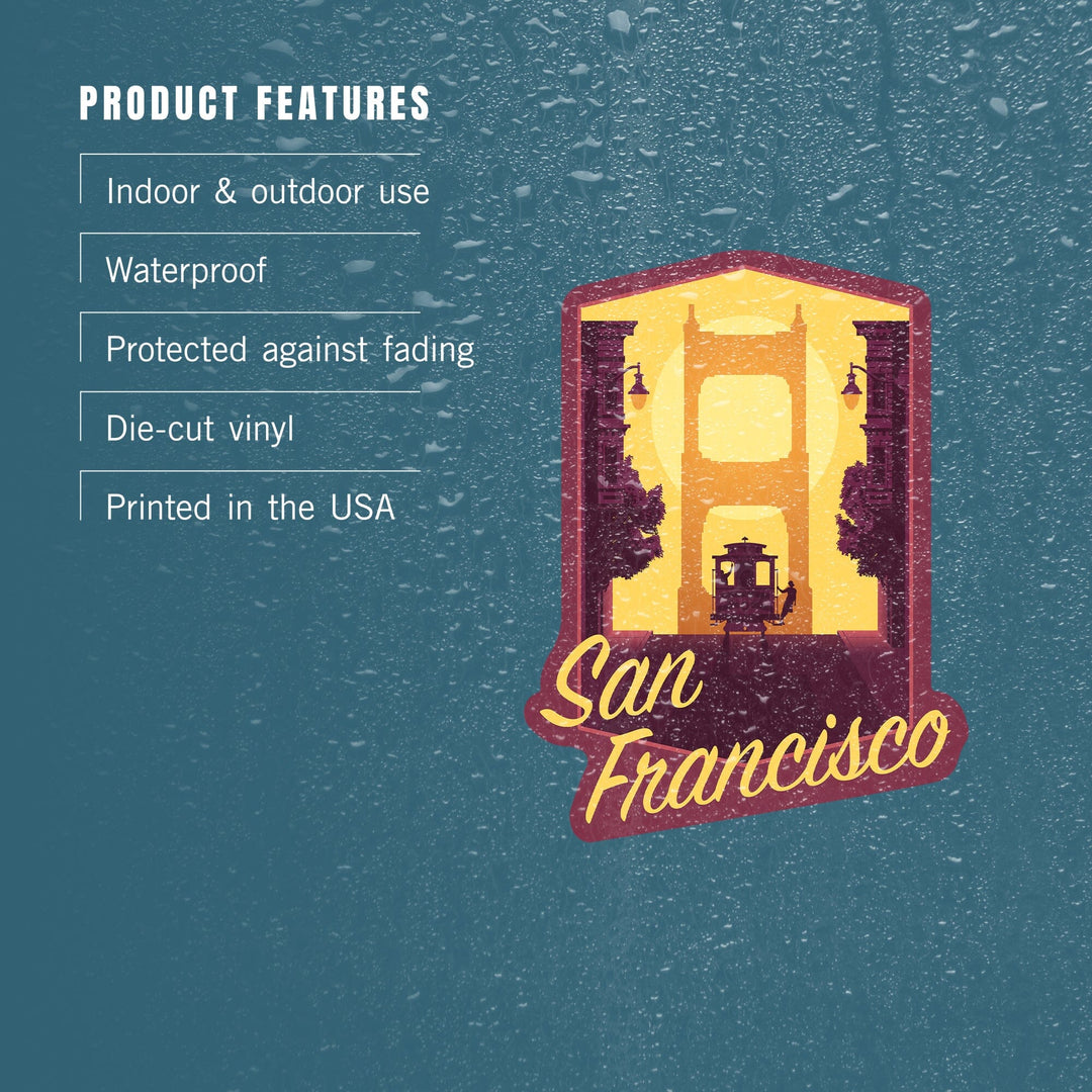 San Francisco, California, Cable Car & Bridge at Sunset, Contour, Lantern Press Artwork, Vinyl Sticker Sticker Lantern Press