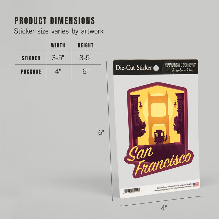 San Francisco, California, Cable Car & Bridge at Sunset, Contour, Lantern Press Artwork, Vinyl Sticker Sticker Lantern Press