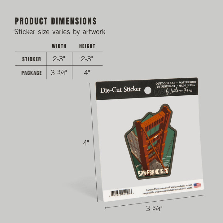 San Francisco, California, Golden Gate Bridge Aerial, Contour, Lantern Press Artwork, Vinyl Sticker Sticker Lantern Press