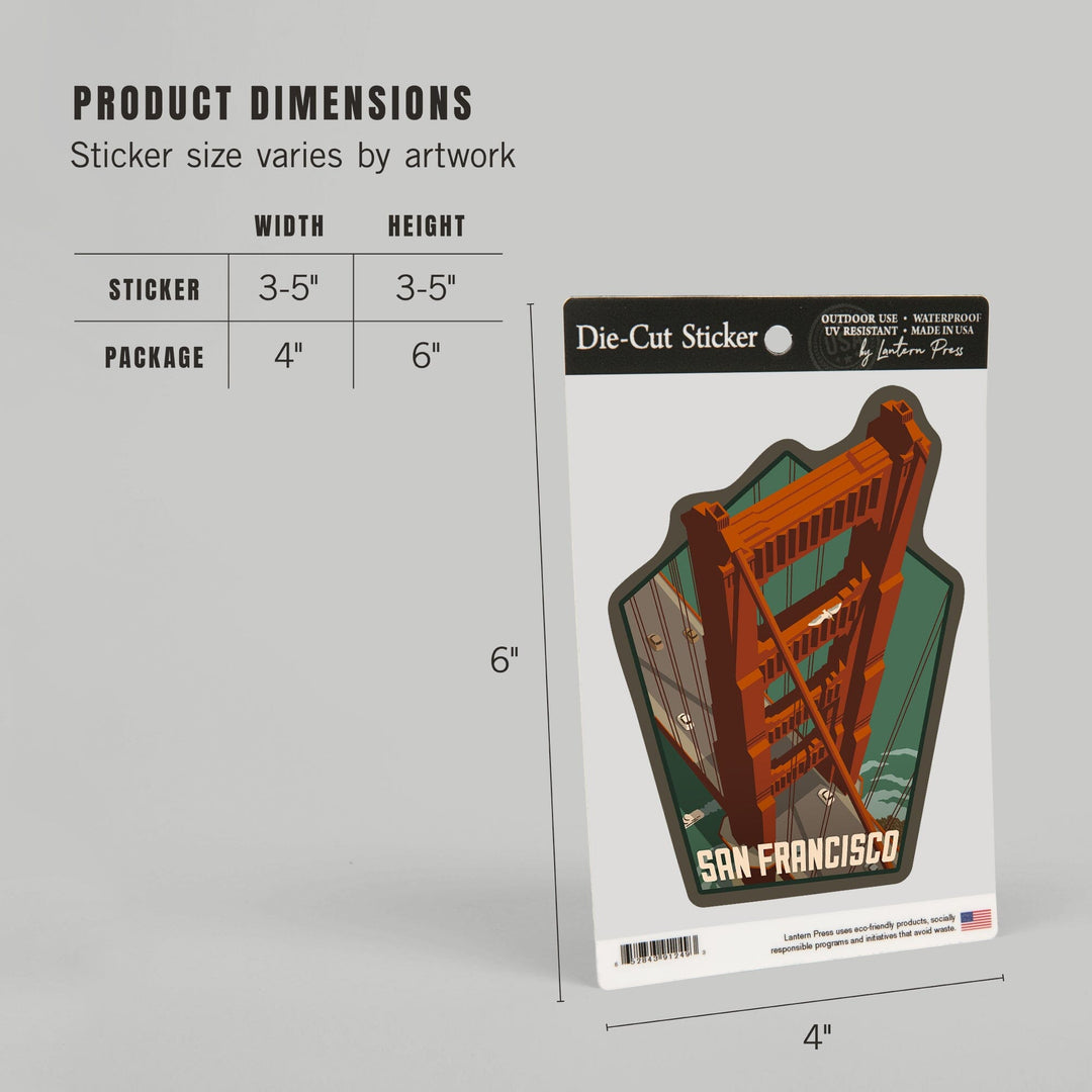 San Francisco, California, Golden Gate Bridge Aerial, Contour, Lantern Press Artwork, Vinyl Sticker Sticker Lantern Press