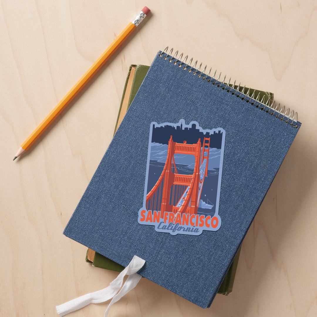 San Francisco, California, Golden Gate Bridge, Limited Palette, Contour, Vinyl Sticker Sticker Lantern Press