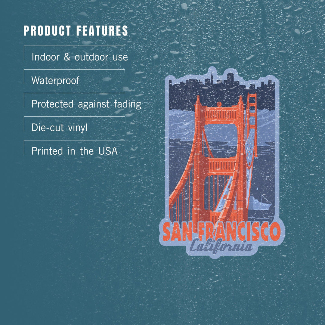 San Francisco, California, Golden Gate Bridge, Limited Palette, Contour, Vinyl Sticker Sticker Lantern Press