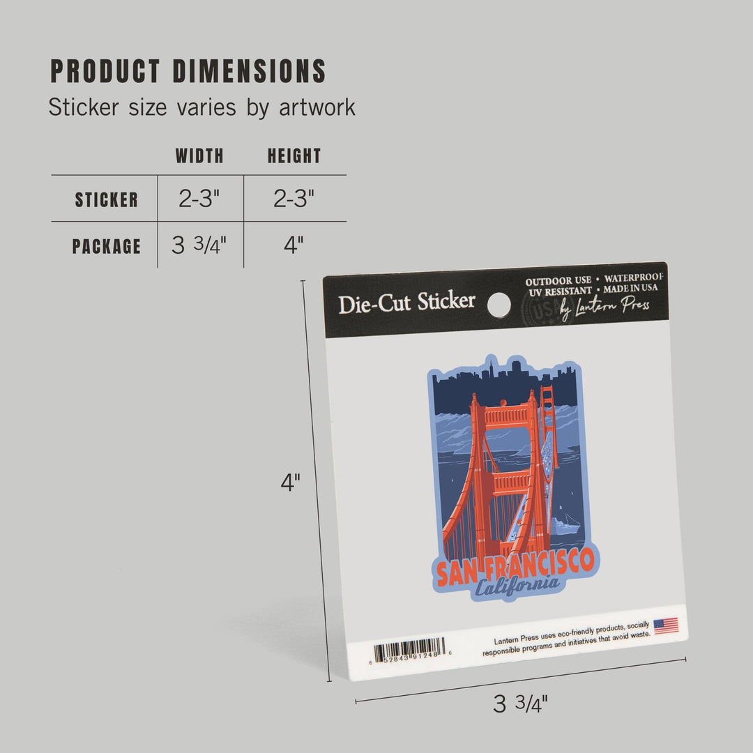 San Francisco, California, Golden Gate Bridge, Limited Palette, Contour, Vinyl Sticker Sticker Lantern Press