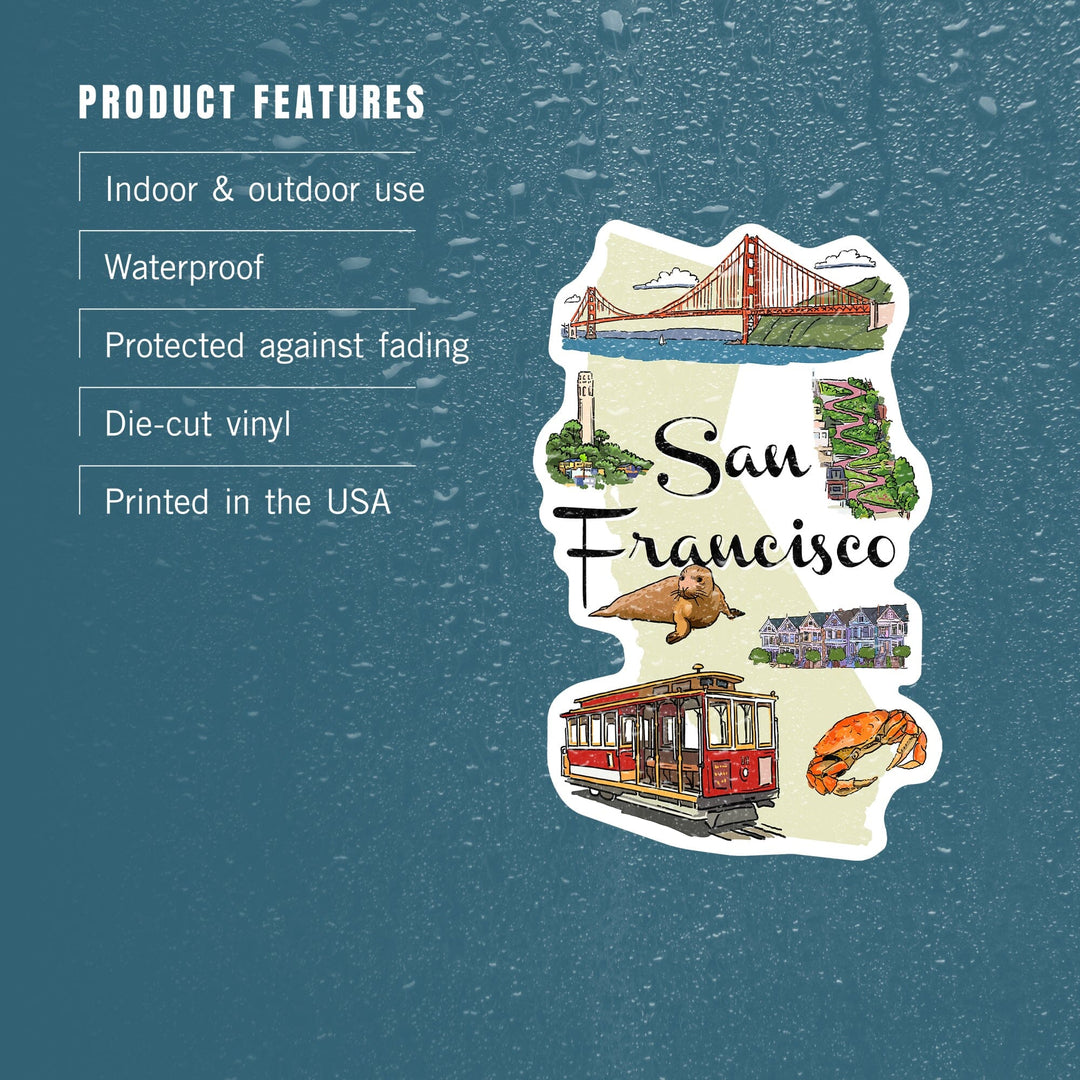 San Francisco, California, Landmarks and Icons, Contour, Vinyl Sticker Sticker Lantern Press