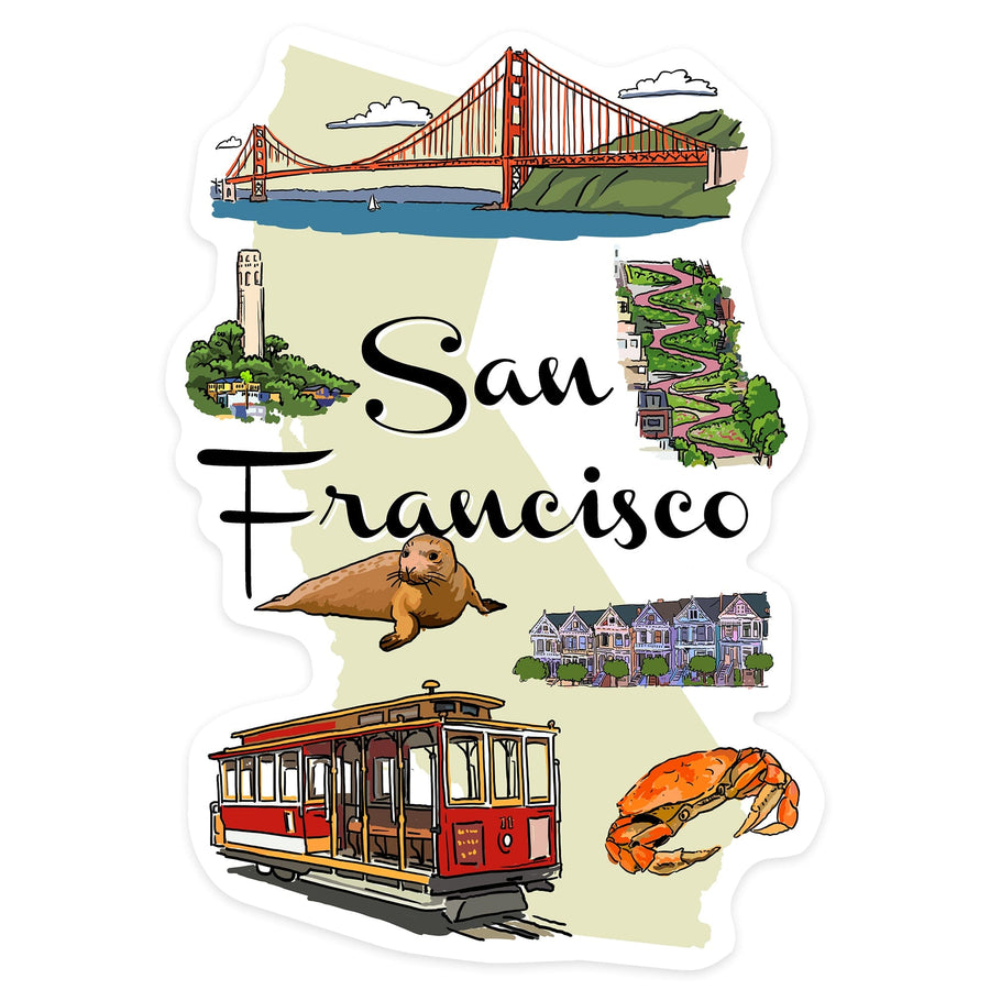 San Francisco, California, Landmarks and Icons, Contour, Vinyl Sticker Sticker Lantern Press