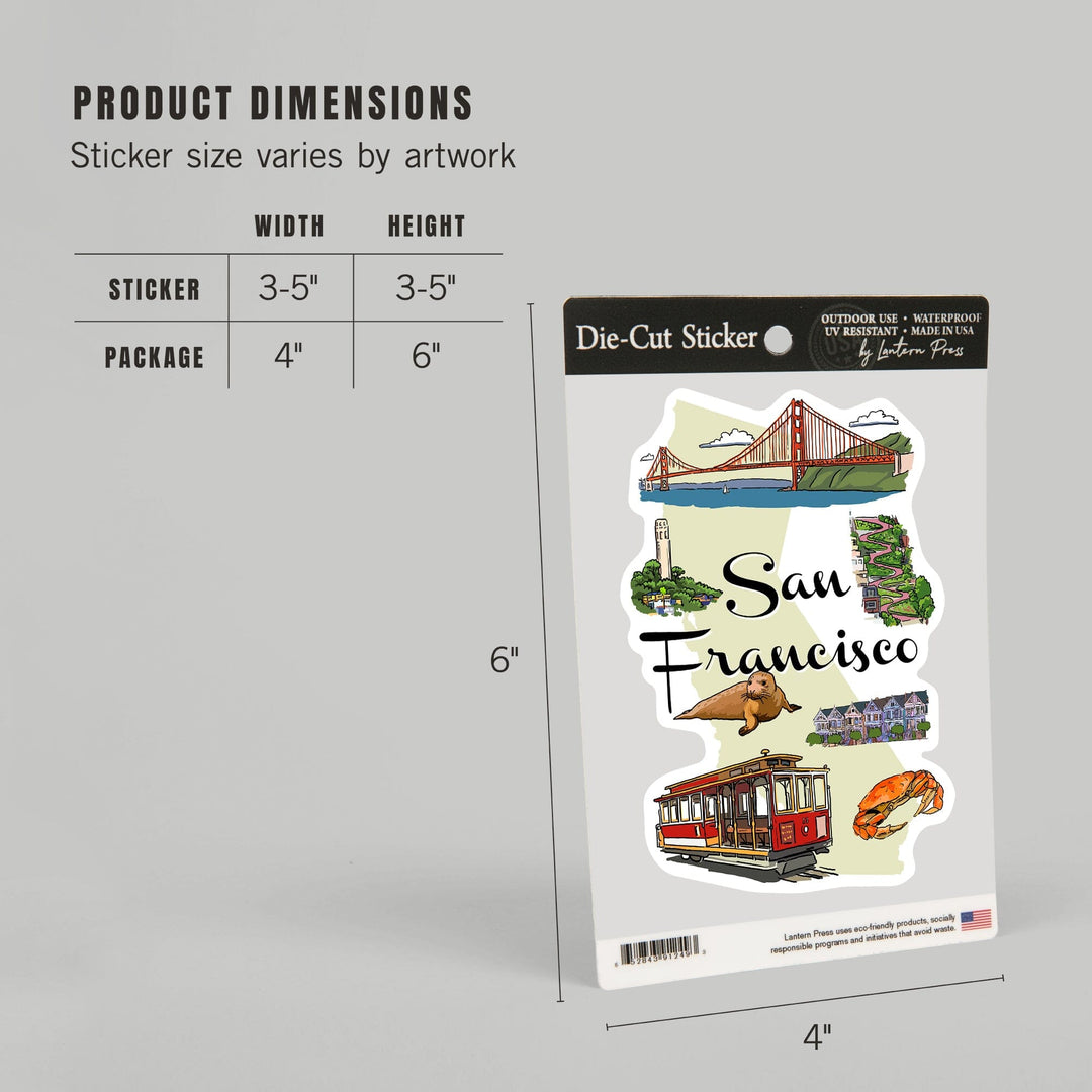 San Francisco, California, Landmarks and Icons, Contour, Vinyl Sticker Sticker Lantern Press