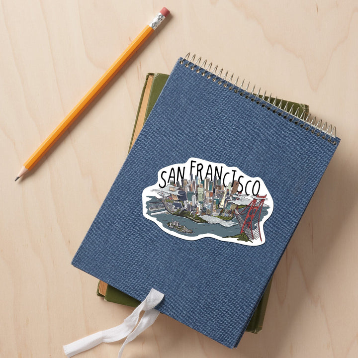 San Francisco, California, Line Drawing, Contour, Lantern Press Artwork, Vinyl Sticker Sticker Lantern Press
