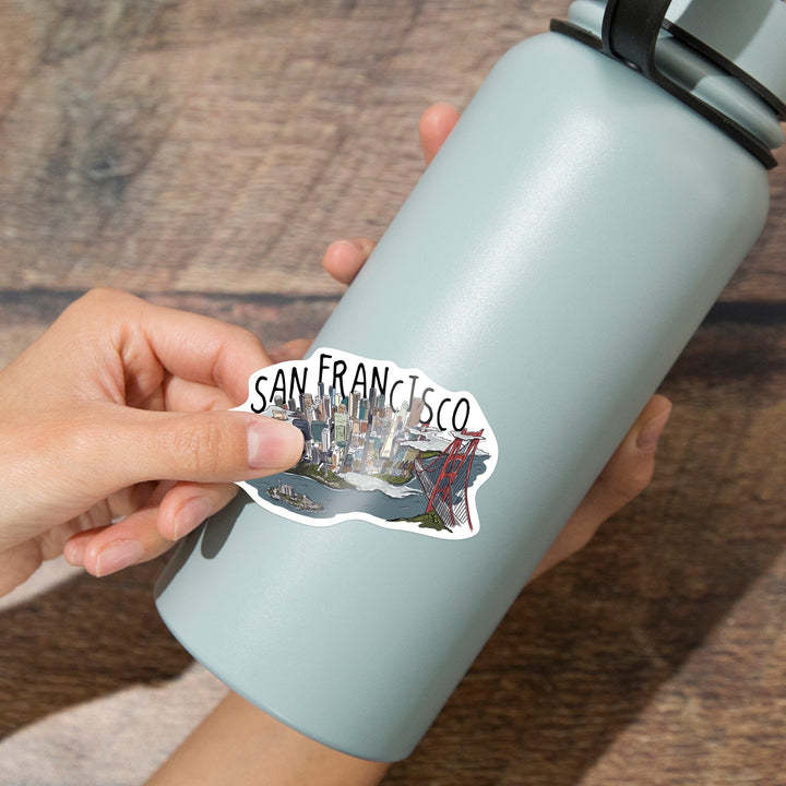 San Francisco, California, Line Drawing, Contour, Lantern Press Artwork, Vinyl Sticker Sticker Lantern Press