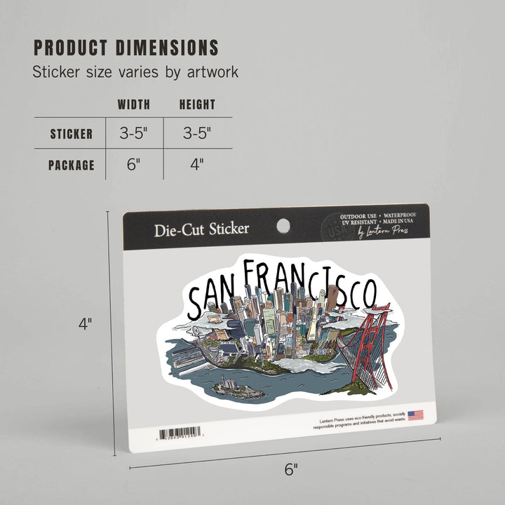San Francisco, California, Line Drawing, Contour, Lantern Press Artwork, Vinyl Sticker Sticker Lantern Press