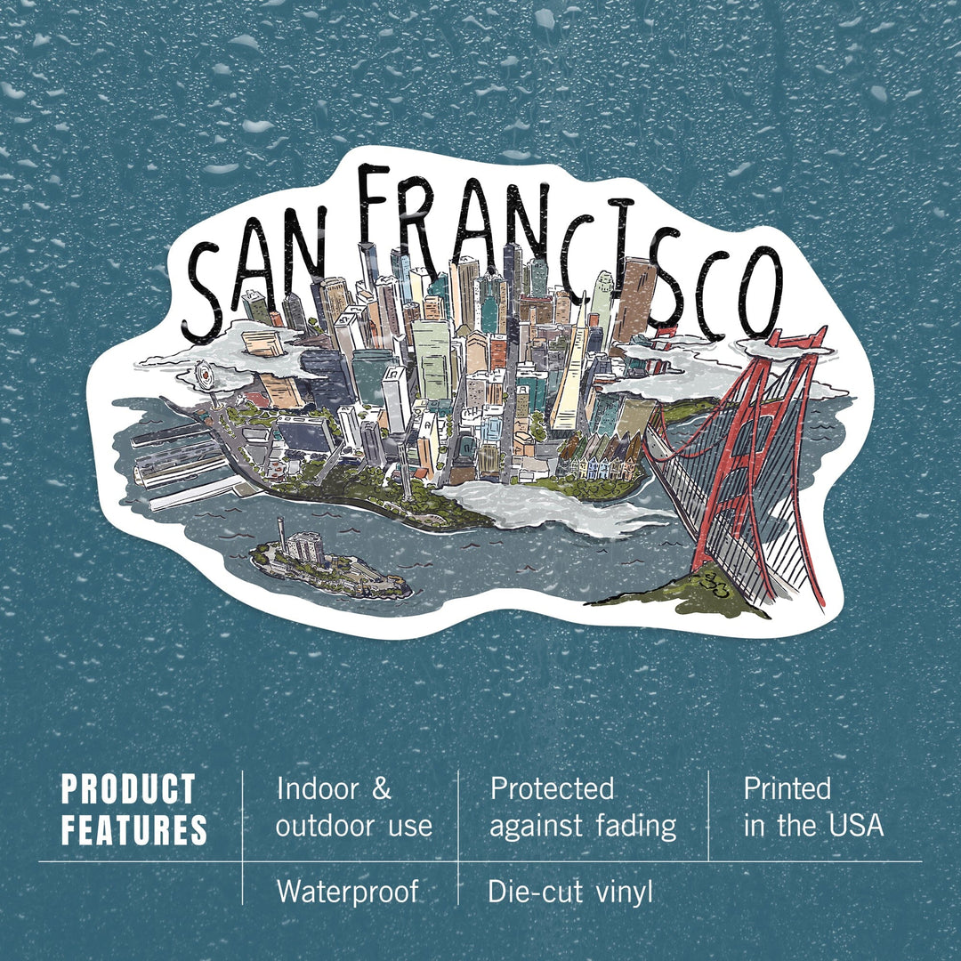 San Francisco, California, Line Drawing, Contour, Lantern Press Artwork, Vinyl Sticker Sticker Lantern Press