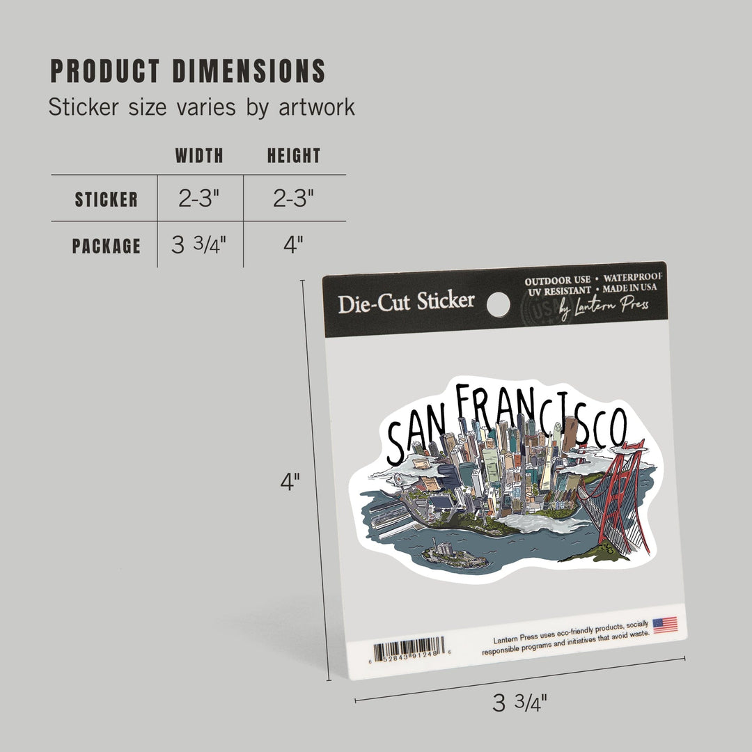 San Francisco, California, Line Drawing, Contour, Lantern Press Artwork, Vinyl Sticker Sticker Lantern Press