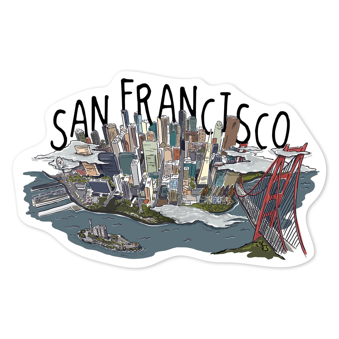 San Francisco, California, Line Drawing, Contour, Lantern Press Artwork, Vinyl Sticker Sticker Lantern Press