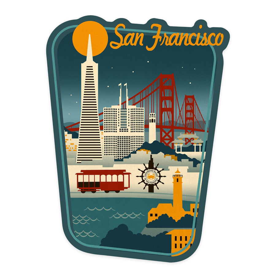 San Francisco, California, Retro Skyline, Contour, Lantern Press Artwork, Vinyl Sticker Sticker Lantern Press