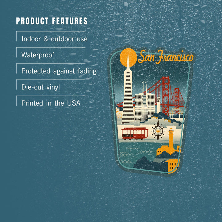 San Francisco, California, Retro Skyline, Contour, Lantern Press Artwork, Vinyl Sticker Sticker Lantern Press