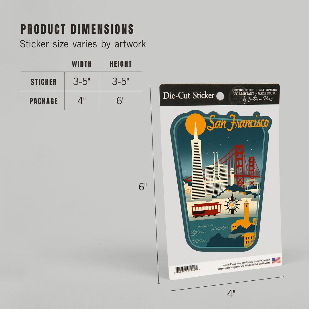 San Francisco, California, Retro Skyline, Contour, Lantern Press Artwork, Vinyl Sticker Sticker Lantern Press