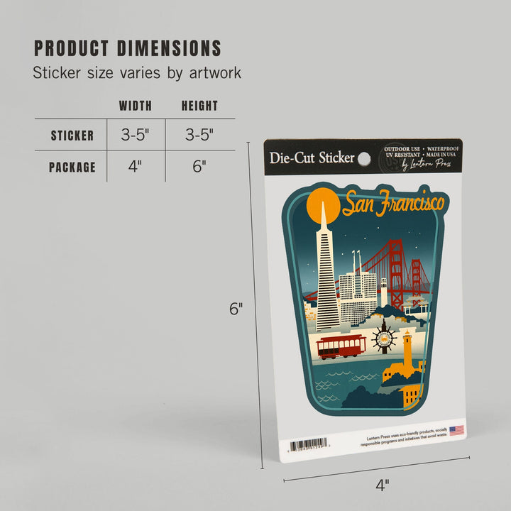 San Francisco, California, Retro Skyline, Contour, Lantern Press Artwork, Vinyl Sticker Sticker Lantern Press