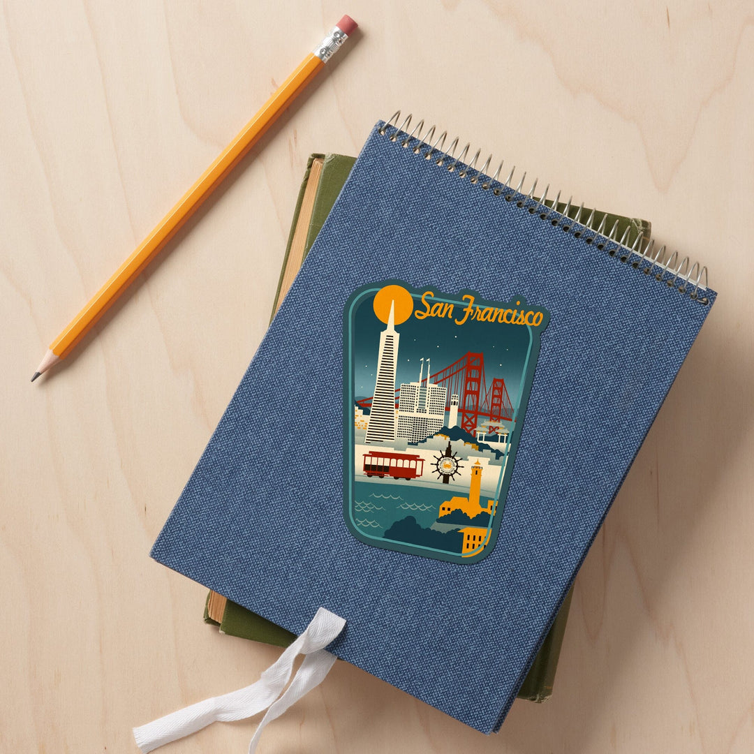 San Francisco, California, Retro Skyline, Contour, Lantern Press Artwork, Vinyl Sticker Sticker Lantern Press