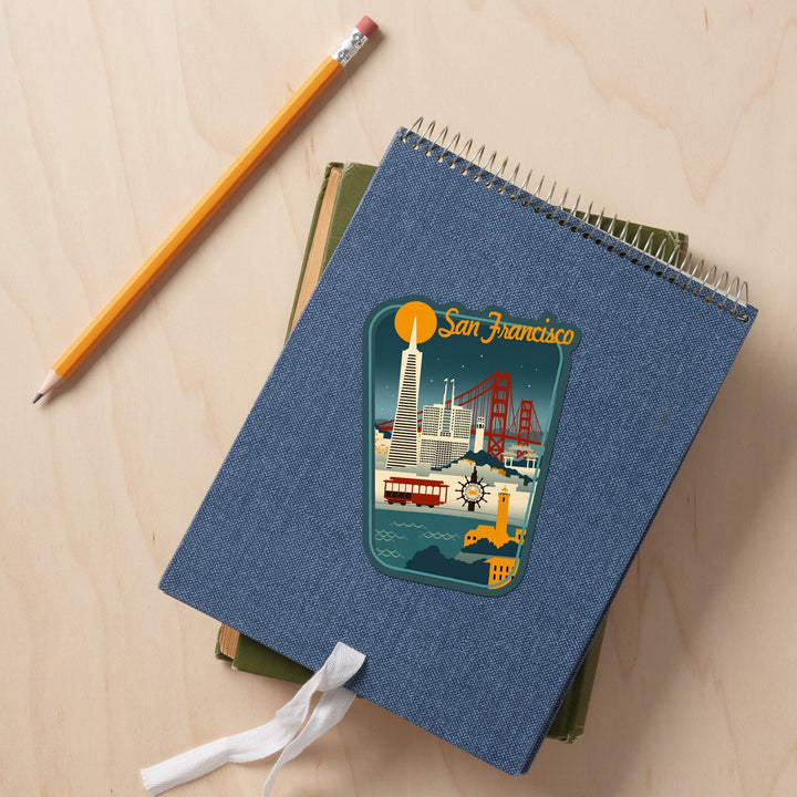 San Francisco, California, Retro Skyline, Contour, Lantern Press Artwork, Vinyl Sticker Sticker Lantern Press