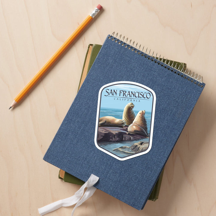 San Francisco, California, Sea Lions, Contour, Lantern Press Artwork, Vinyl Sticker Sticker Lantern Press