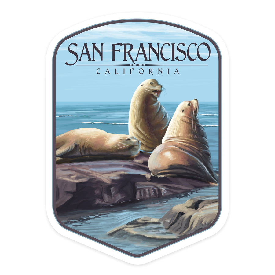 San Francisco, California, Sea Lions, Contour, Lantern Press Artwork, Vinyl Sticker Sticker Lantern Press