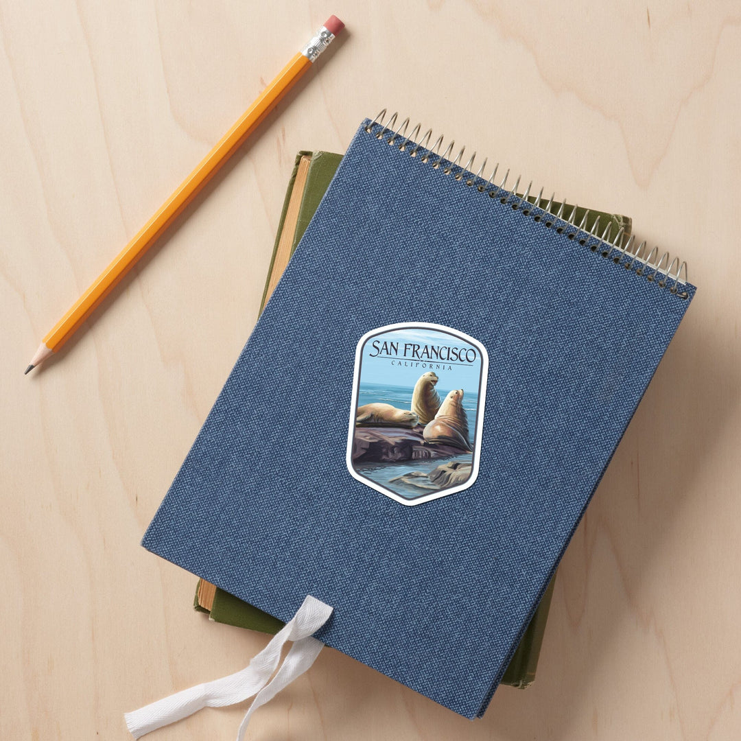 San Francisco, California, Sea Lions, Contour, Lantern Press Artwork, Vinyl Sticker Sticker Lantern Press