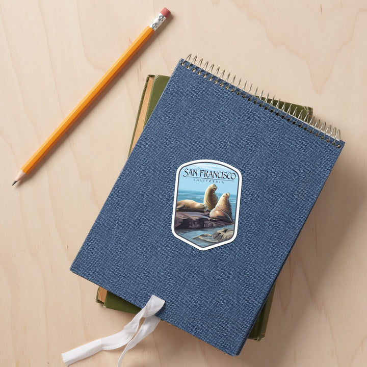 San Francisco, California, Sea Lions, Contour, Lantern Press Artwork, Vinyl Sticker Sticker Lantern Press