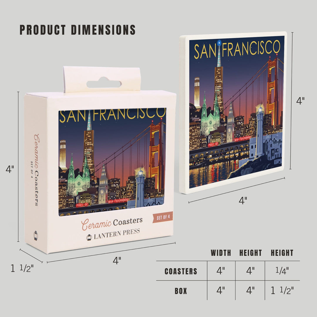 San Francisco, California, Skyline at Night, Coasters Coasters Lantern Press