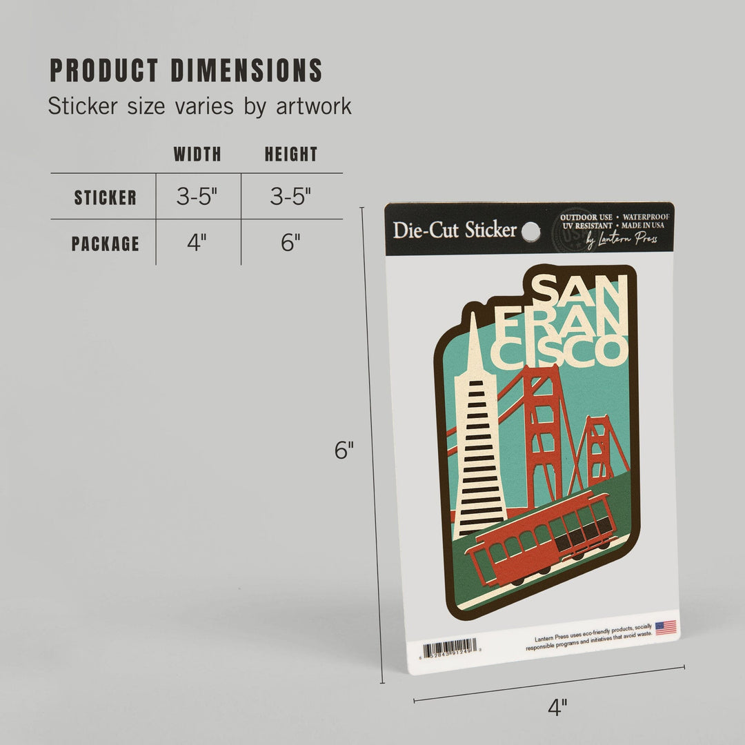 San Francisco, California, Woodblock, Contour, Lantern Press Artwork, Vinyl Sticker Sticker Lantern Press