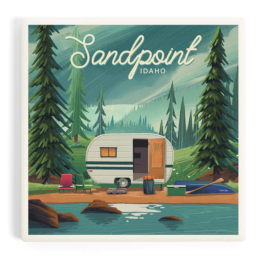 Sandpoint, Idaho, Get Outside Series, At Home Anywhere, Camper in Evergreens, Coasters Coasters Lantern Press