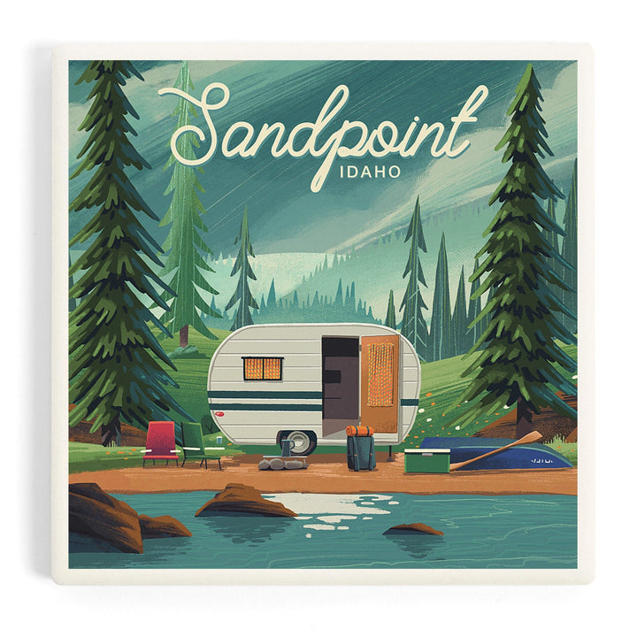 Sandpoint, Idaho, Get Outside Series, At Home Anywhere, Camper in Evergreens, Coasters Coasters Lantern Press Coaster