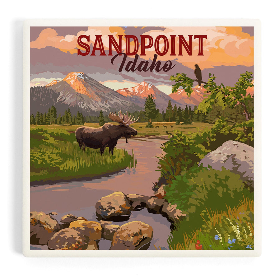 Sandpoint, Idaho, Painterly, Moose and Mountain at Sunset, Coasters Coasters Lantern Press