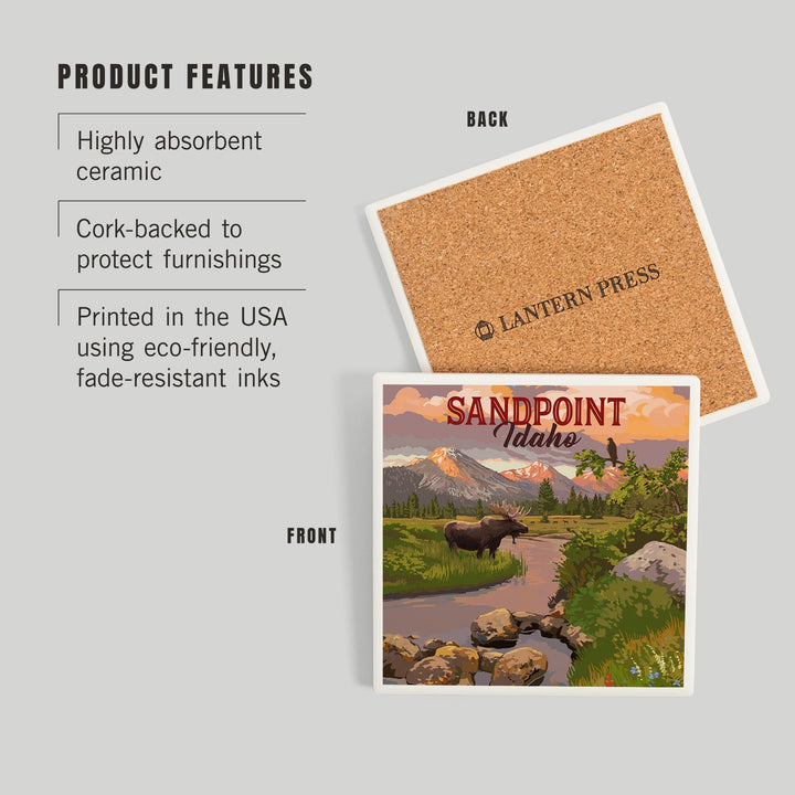 Sandpoint, Idaho, Painterly, Moose and Mountain at Sunset, Coasters Coasters Lantern Press