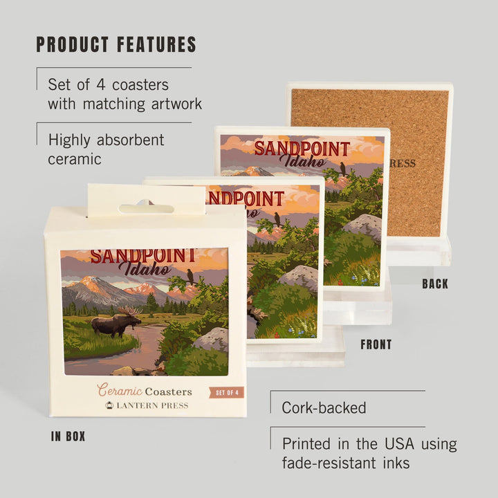 Sandpoint, Idaho, Painterly, Moose and Mountain at Sunset, Coasters Coasters Lantern Press